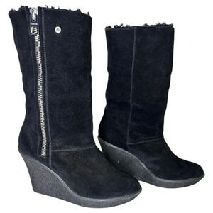 Coach Mid-Calf Black Suede and Shearling Wedge Boots with Zipper, size 7.5